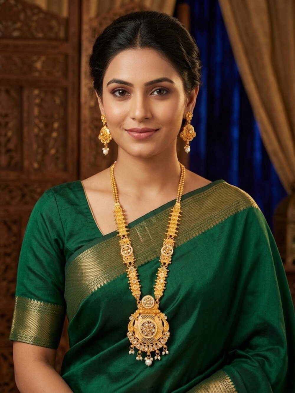 Traditional Gold Temple Jewelry Set: Long Haram Necklace and Matching Jhumka Ear